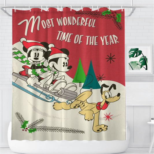 Personalized Mickey And Minnie Sledding Shower Curtain Farmhouse Bathroom Decor
