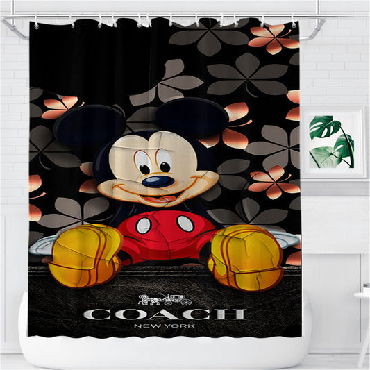 Personalized Mickey Mouse Coach Black Flowers Shower Curtain Farmhouse Bathroom Decor