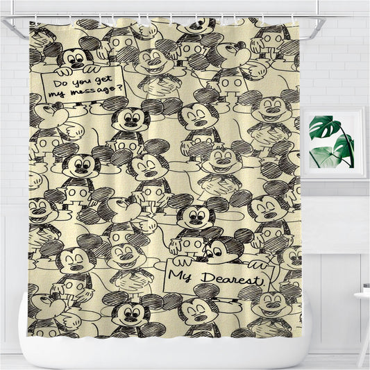 Mickey Mouse Pattern Canvas Silhouette Bathroom Shower Curtain Fabric Waterproof | 66 X 72 Inch