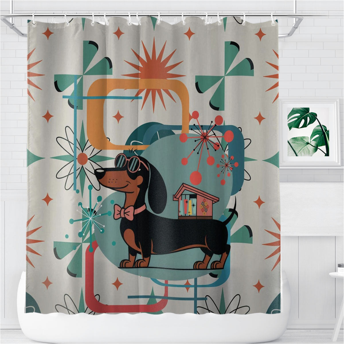 Mid Century Mod Dachshund Bathroom Shower Curtain Fabric Waterproof | 66 X 72 Inch