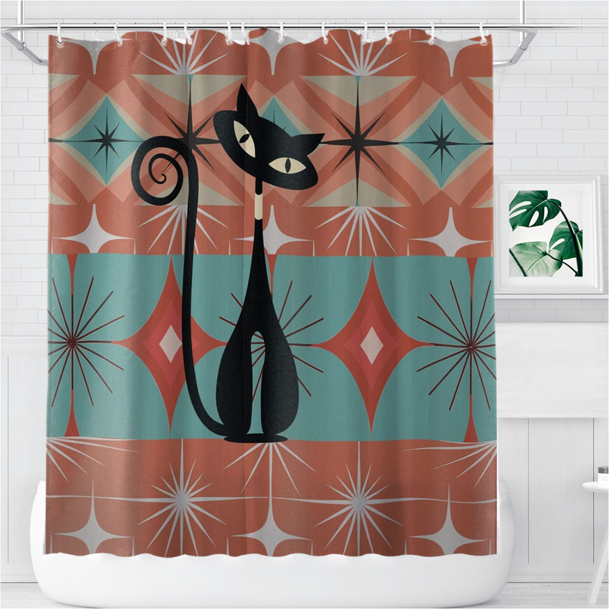 Mid Century Modern Atomic Cat Bathroom Shower Curtain Fabric Waterproof | 66 X 72 Inch