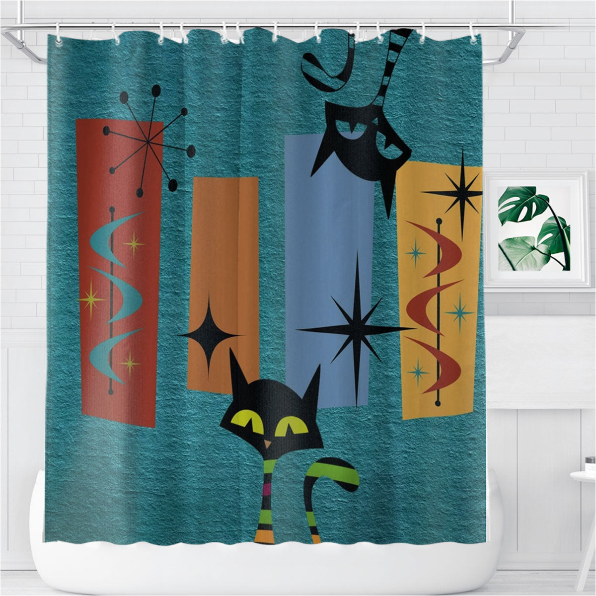 Mid Century Modern Atomic Catmid Century Modern Atomic Cat Bathroom Shower Curtain Fabric Waterproof | 66 X 72 Inch
