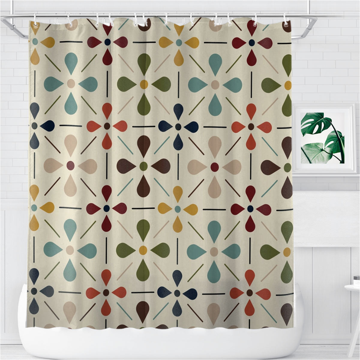 Mid Century Modern Retro Geometric Bathroom Shower Curtain Fabric Waterproof | 66 X 72 Inch