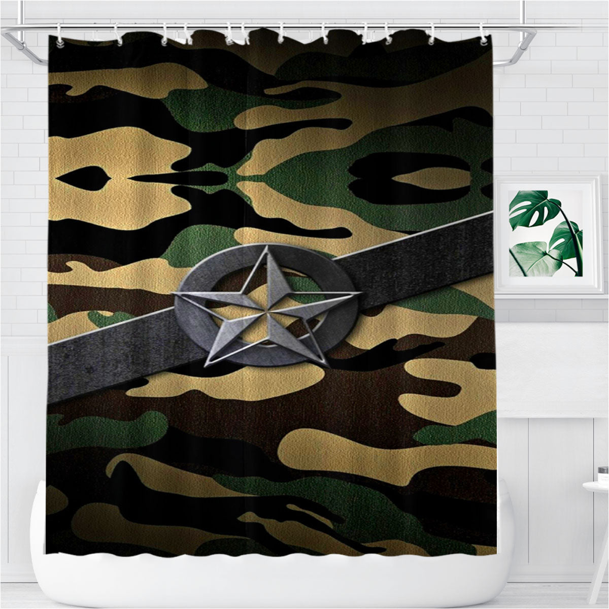 Military Star Green Camo Bathroom Shower Curtain Fabric Waterproof | 66 X 72 Inch