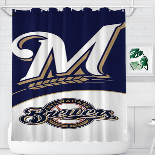 Milwaukee Brewers Blue Wht Bathroom Shower Curtain Fabric Waterproof | 66 X 72 Inch