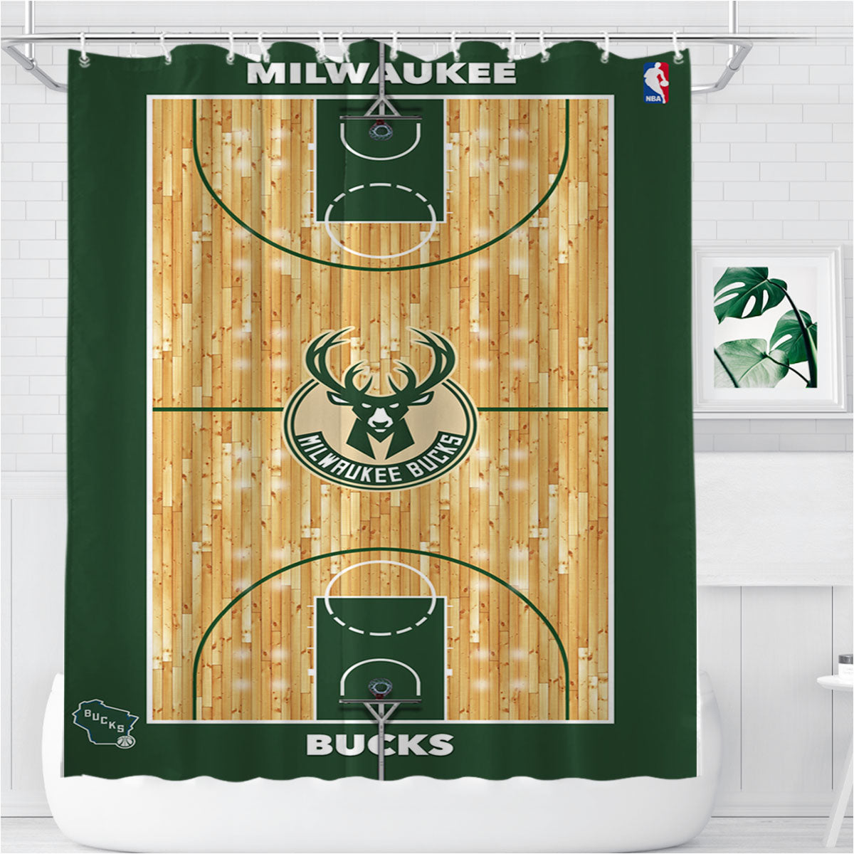 Milwaukee Bucks Basketball Court Bathroom Shower Curtain Fabric Waterproof | 66 X 72 Inch