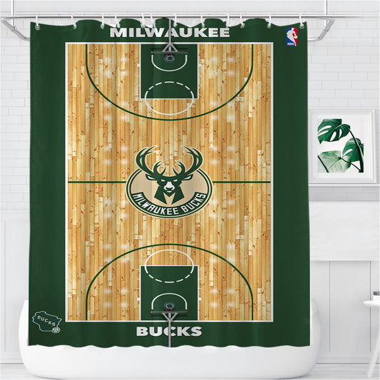 Personalized Milwaukee Bucks Basketball Court Shower Curtain Farmhouse Bathroom Decor