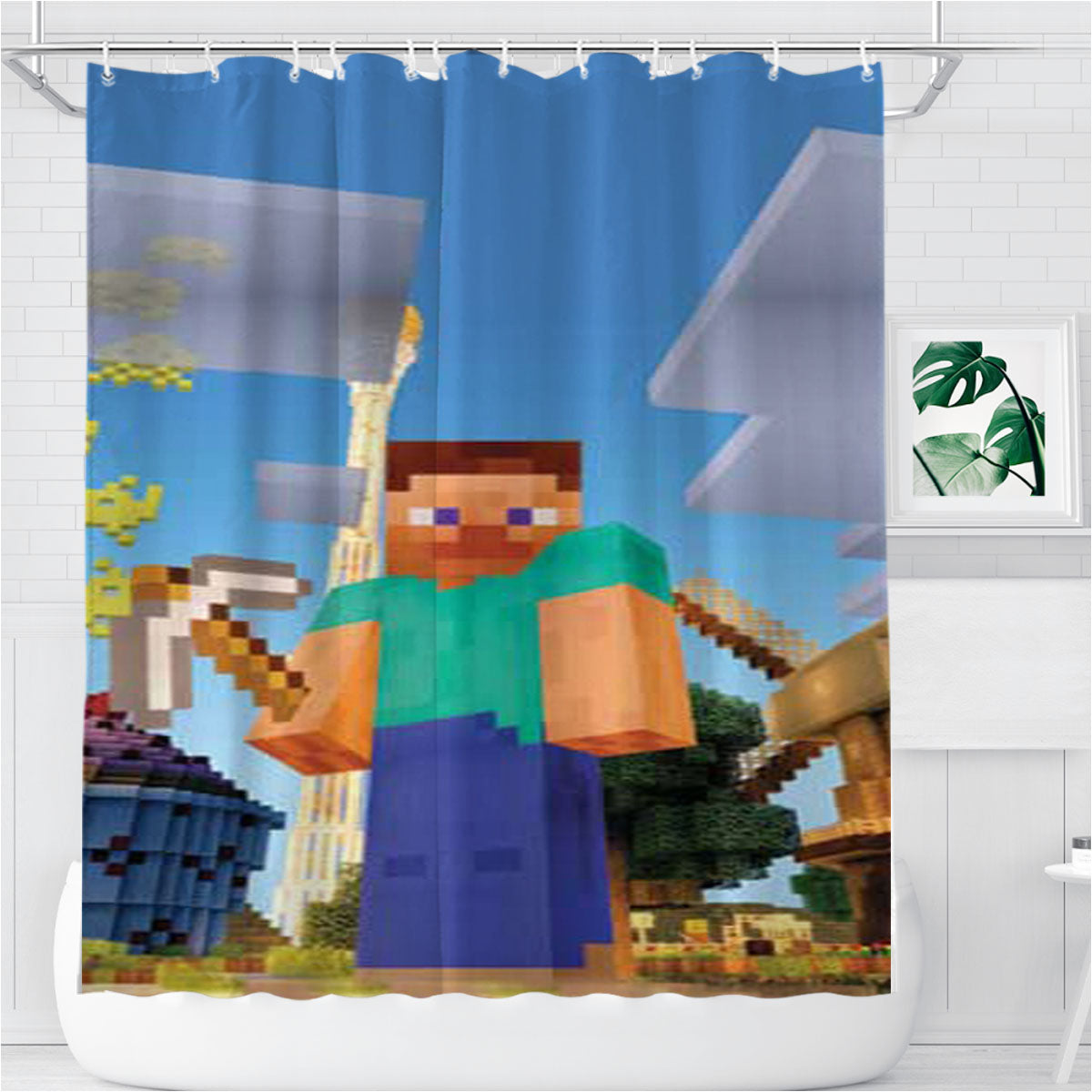 Minecraft Construction Bathroom Shower Curtain Fabric Waterproof | 66 X 72 Inch