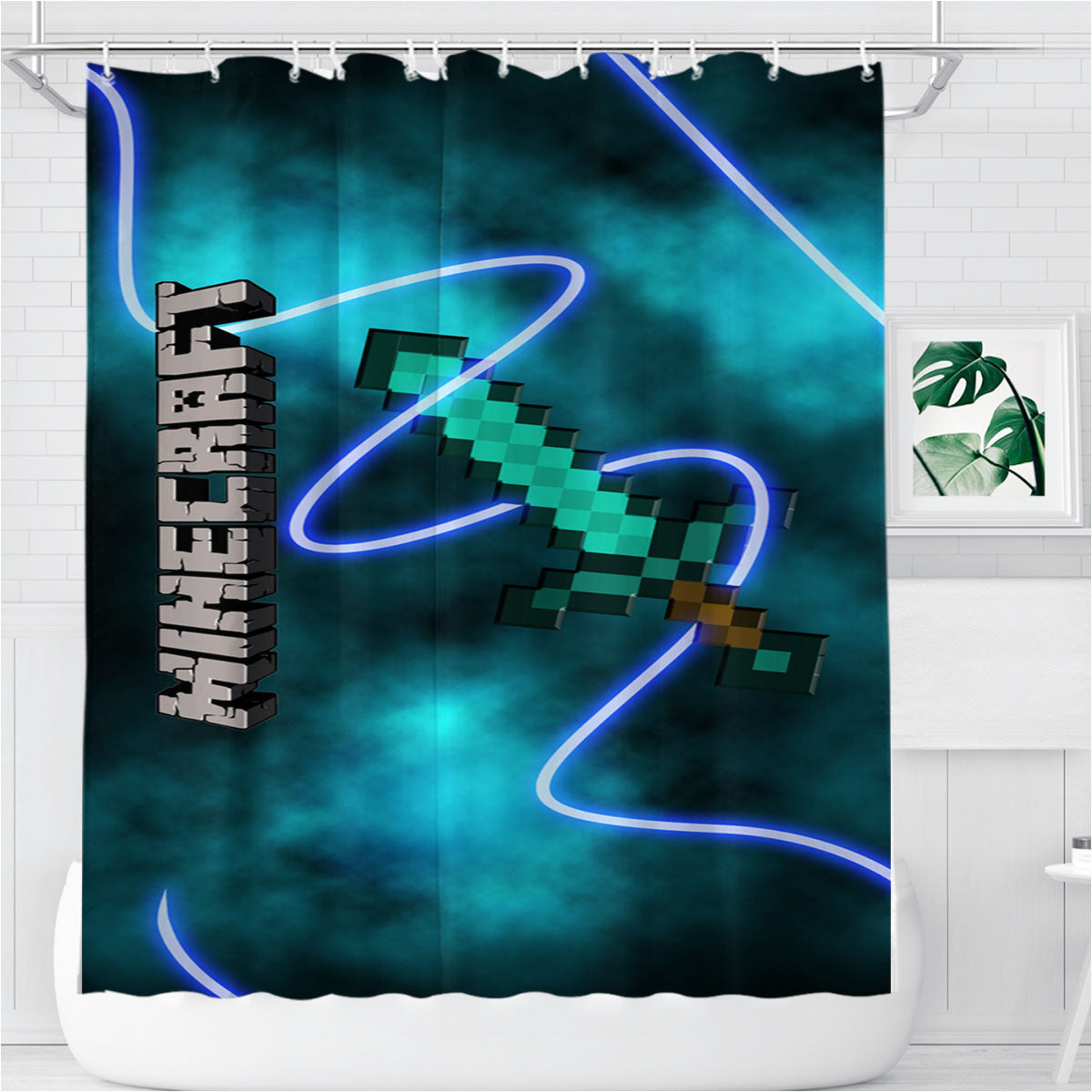 Minecraft Creeper Sword Bathroom Shower Curtain Fabric Waterproof | 66 X 72 Inch