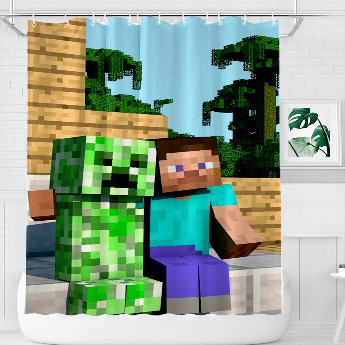 Minecraft Steve Creeper Bathroom Shower Curtain Fabric Waterproof | 66 X 72 Inch