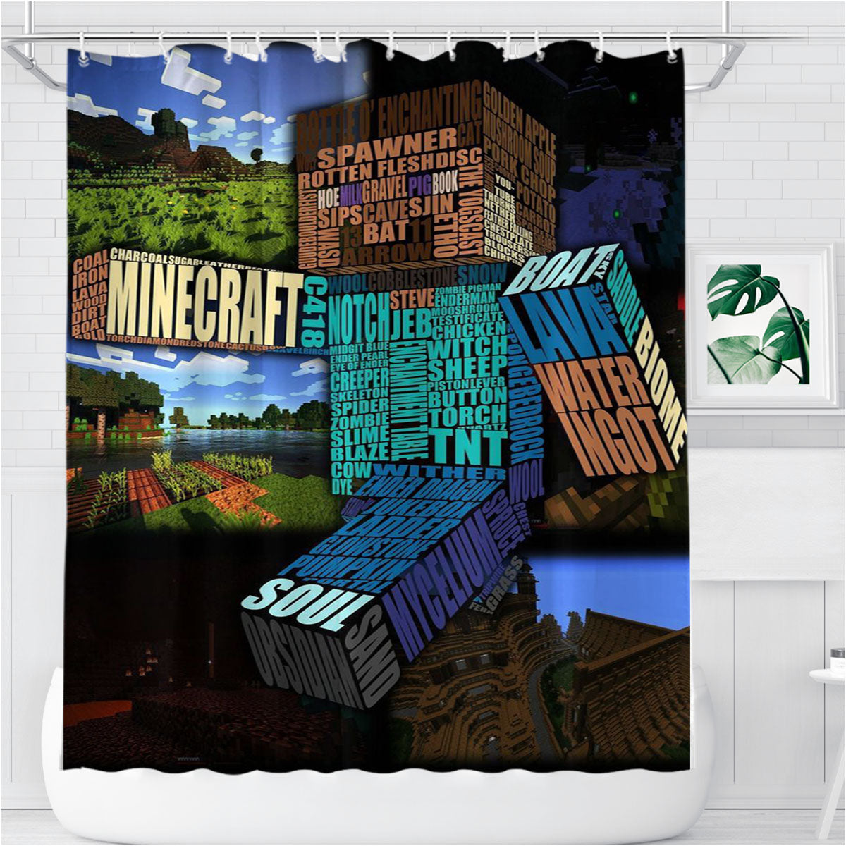 Minecraft Typography Bathroom Shower Curtain Fabric Waterproof | 66 X 72 Inch