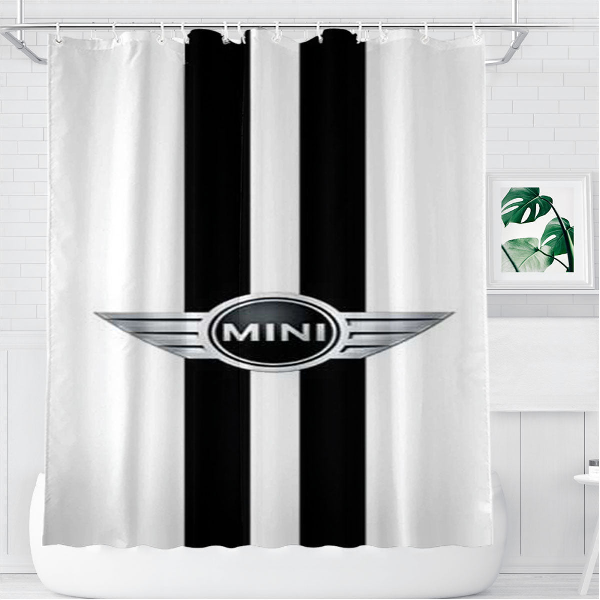 Mini Cooper Logo Black Stripes Bathroom Shower Curtain Fabric Waterproof | 66 X 72 Inch