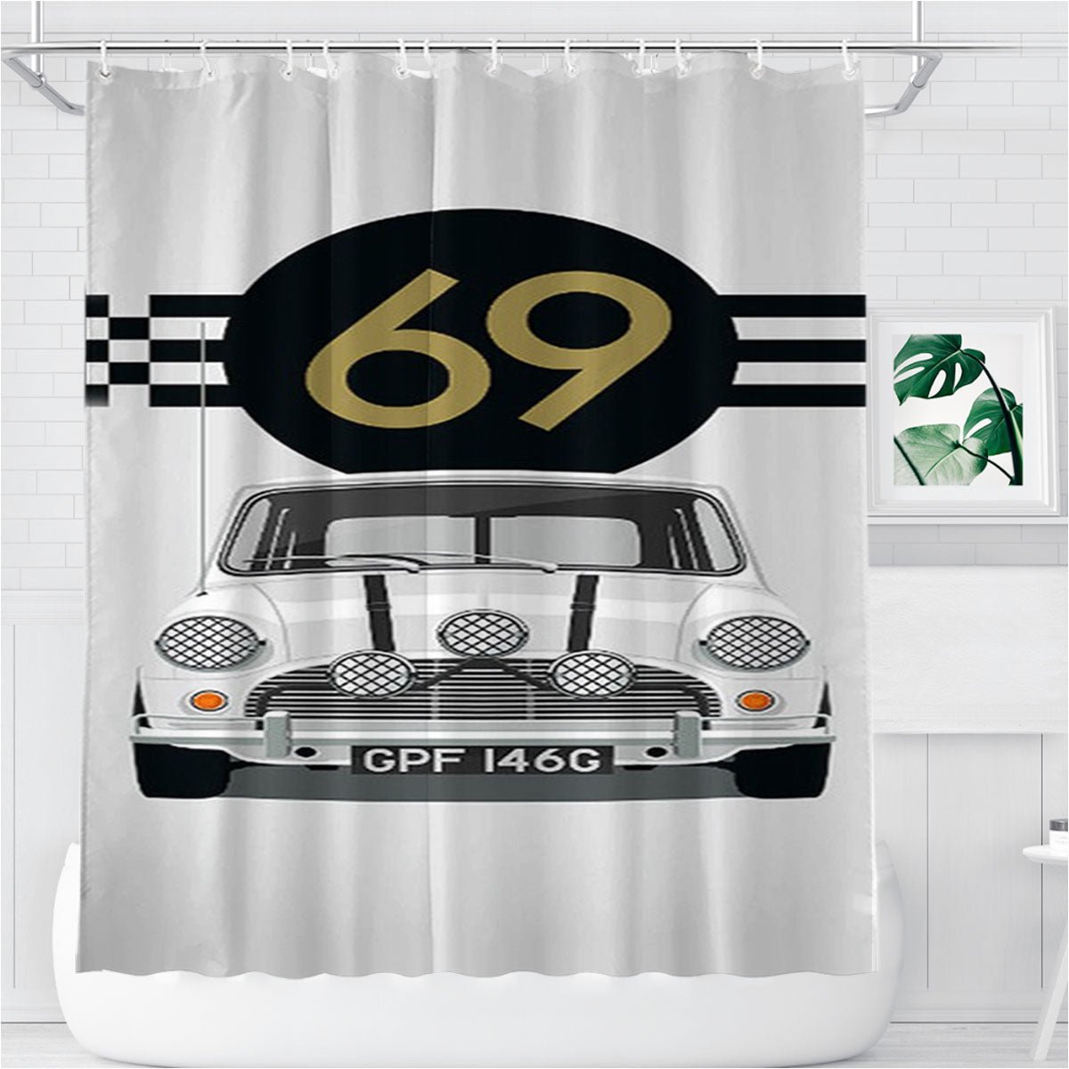 Mini Cooper White 69 Bathroom Shower Curtain Fabric Waterproof | 66 X 72 Inch