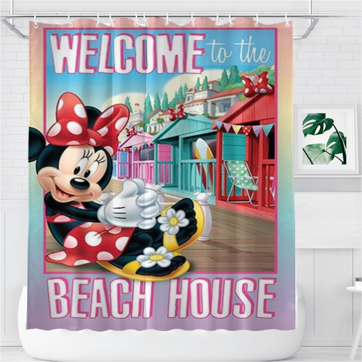 Minnie Beach House Welcome Bathroom Shower Curtain Fabric Waterproof | 66 X 72 Inch