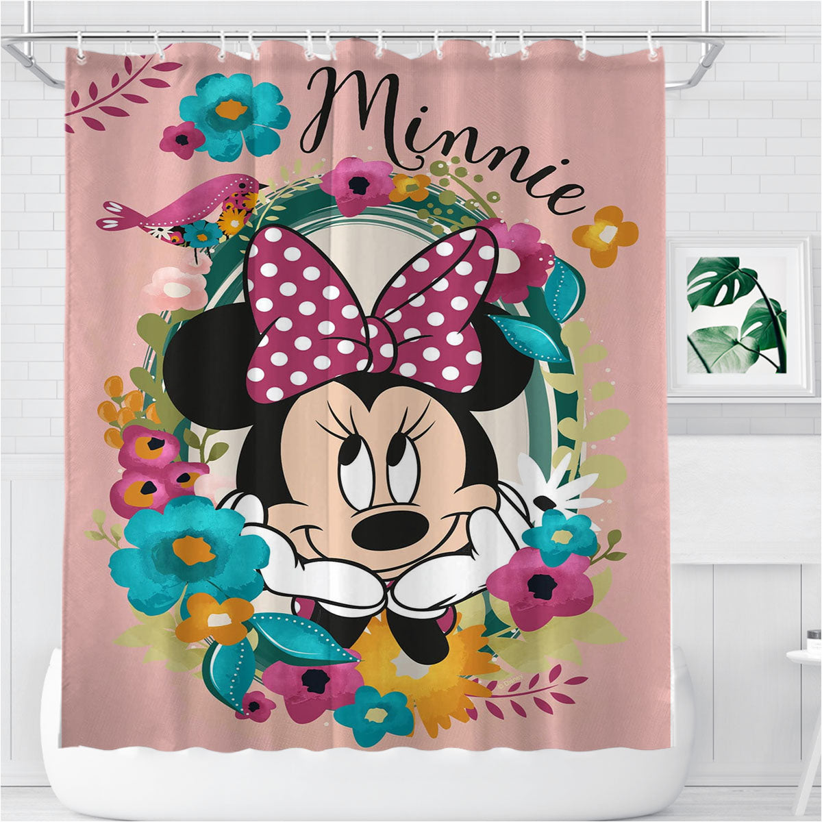 Minnie Flower Wreath Bathroom Shower Curtain Fabric Waterproof | 66 X 72 Inch