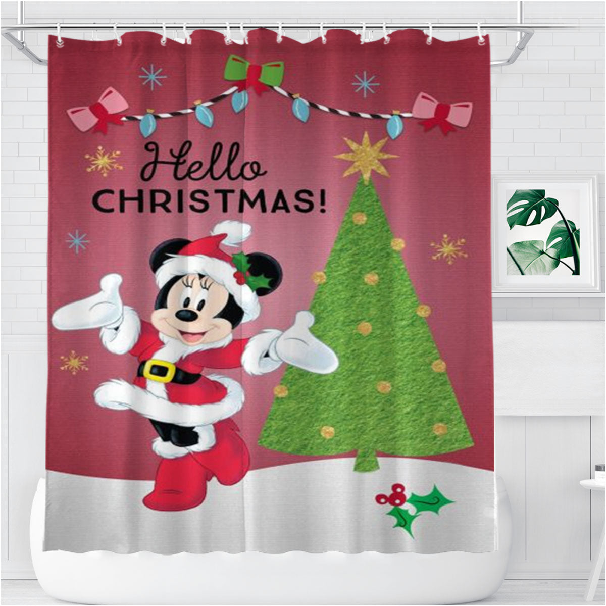 Minnie Hello Christmas Bathroom Shower Curtain Fabric Waterproof | 66 X 72 Inch