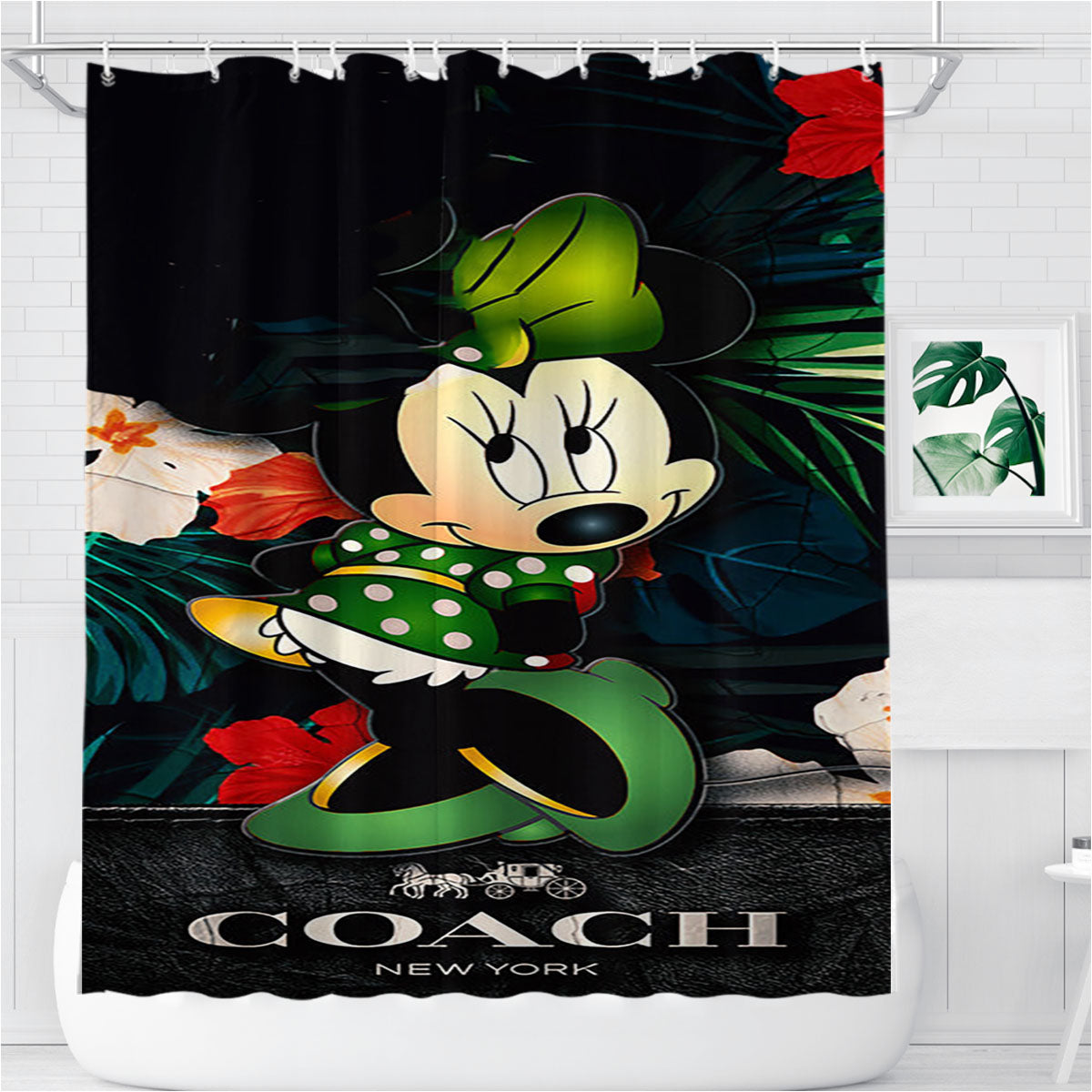 Minnie Mouse Coach Green Flowers 8 Bathroom Shower Curtain Fabric Waterproof | 66 X 72 Inch