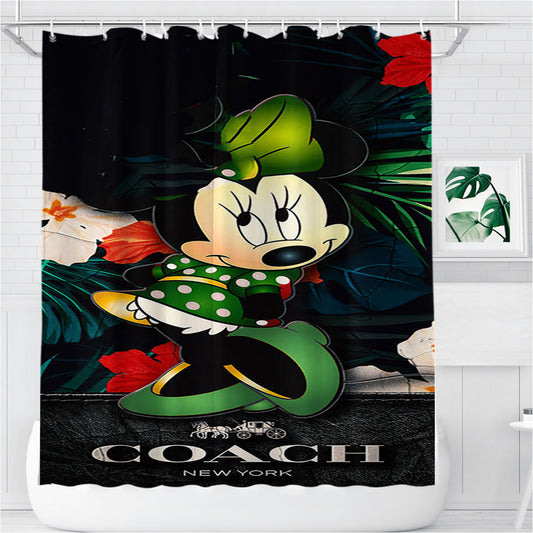 Minnie Mouse Coach Green Flowers 8 Bathroom Shower Curtain Fabric Waterproof
