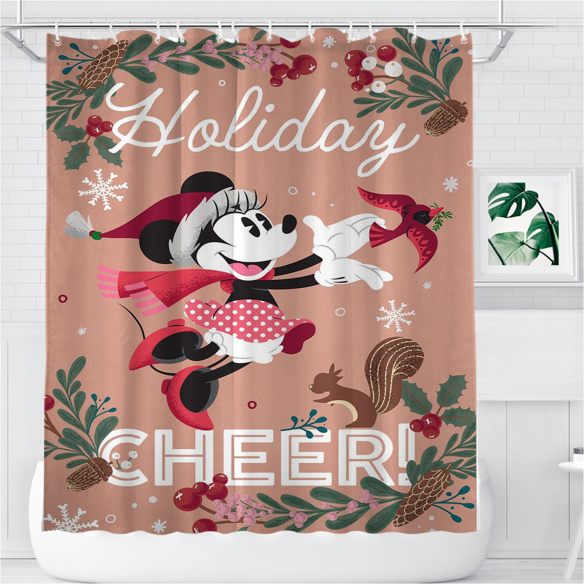 Minnie Mouse Holiday Cheer Bathroom Shower Curtain Fabric Waterproof | 66 X 72 Inch