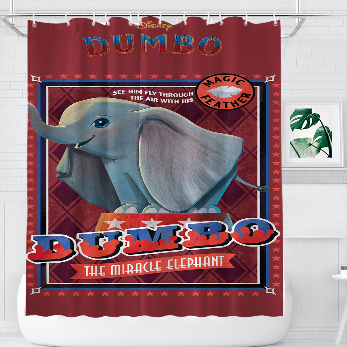 Miracle Elephant Dumbo Circus Bathroom Shower Curtain Fabric Waterproof | 66 X 72 Inch