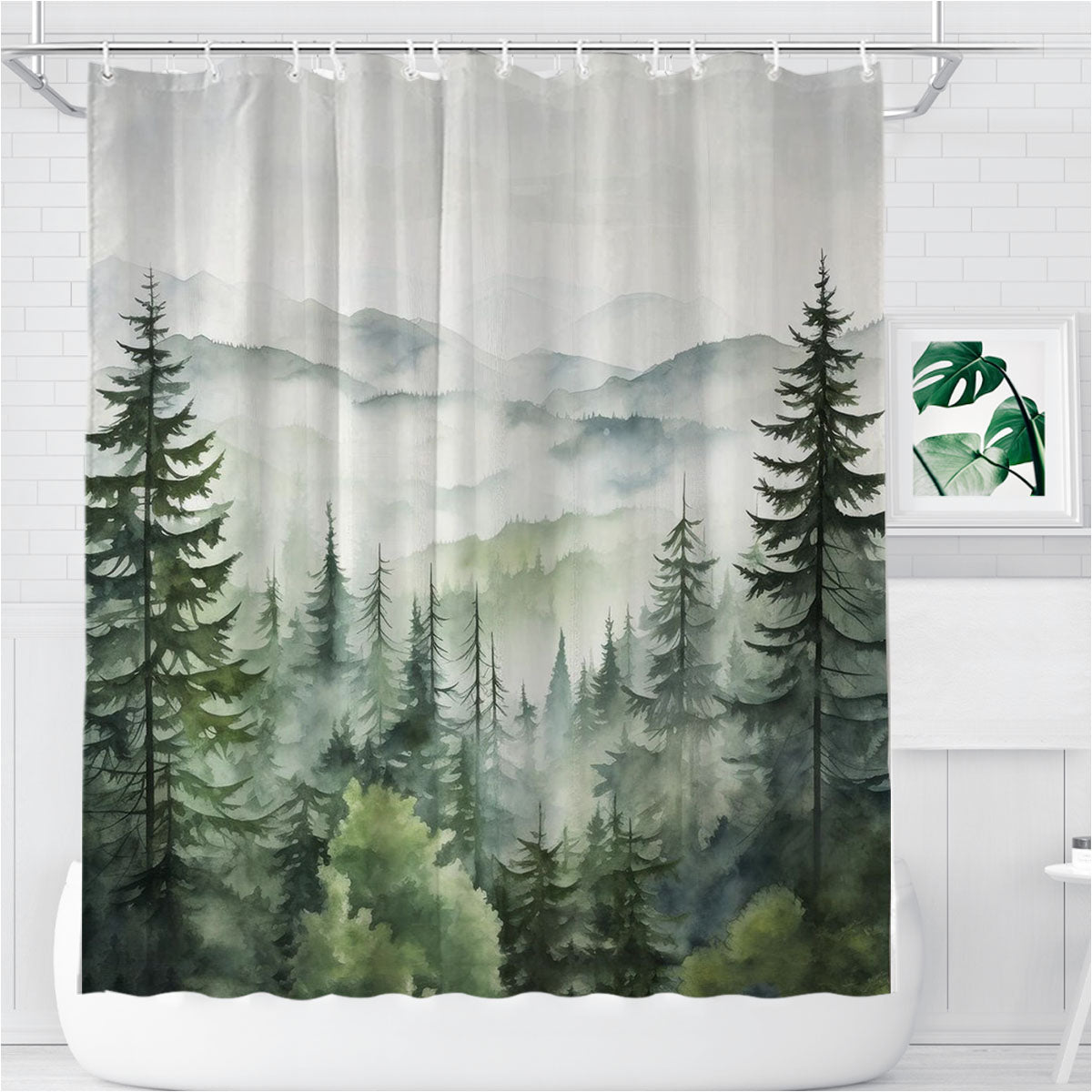 Misty Forest Mountain Bathroom Shower Curtain Fabric Waterproof | 66 X 72 Inch