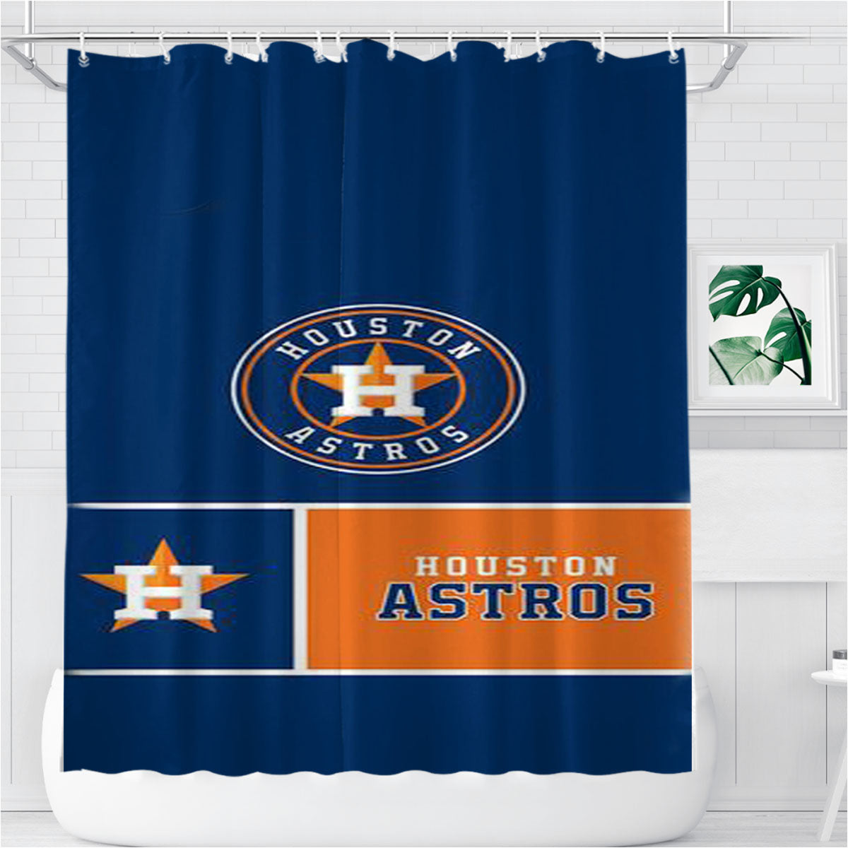 Mlb Huston Astros Blue Orange Bathroom Shower Curtain Fabric Waterproof | 66 X 72 Inch