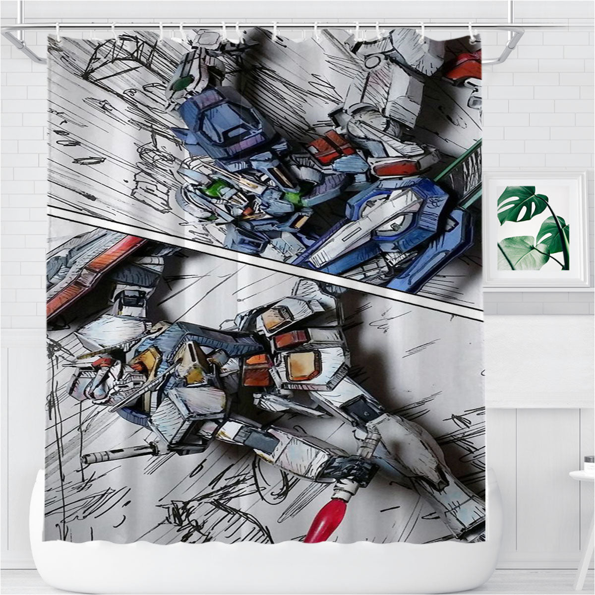 Mobile Suit Gundam Color Sketch Bathroom Shower Curtain Fabric Waterproof | 66 X 72 Inch