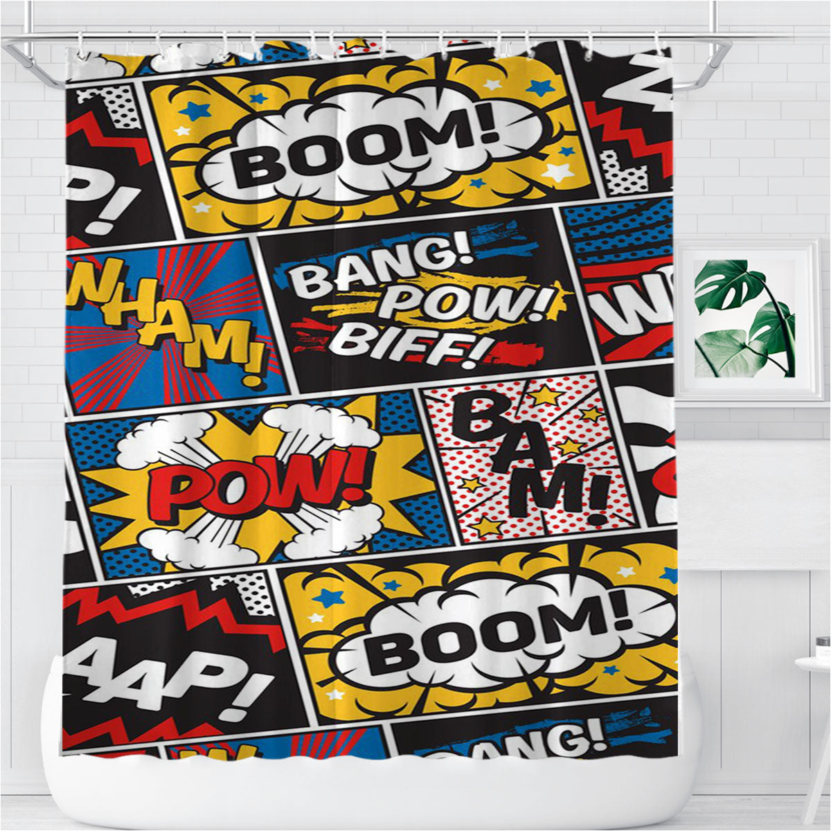 Modern Comic Book Superhero Pattern Bathroom Shower Curtain Fabric Waterproof | 66 X 72 Inch