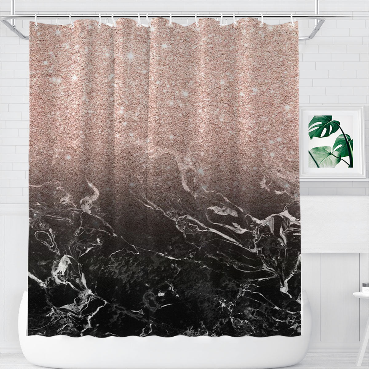 Modern Rose Gold Ombre Black Marble Color Bathroom Shower Curtain Fabric Waterproof | 66 X 72 Inch