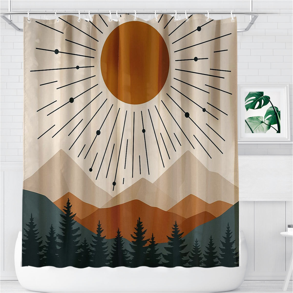 Modern Sunburst Forest Bathroom Shower Curtain Fabric Waterproof | 66 X 72 Inch