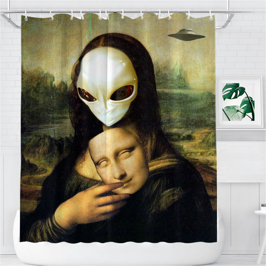 Personalized Mona Lisa Alien Shower Curtain Farmhouse Bathroom Decor