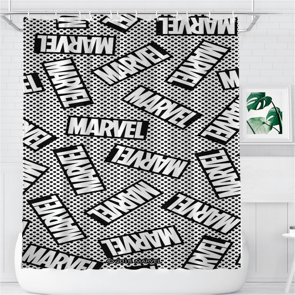 Monochrome Marvel Pattern Bathroom Shower Curtain Fabric Waterproof | 66 X 72 Inch