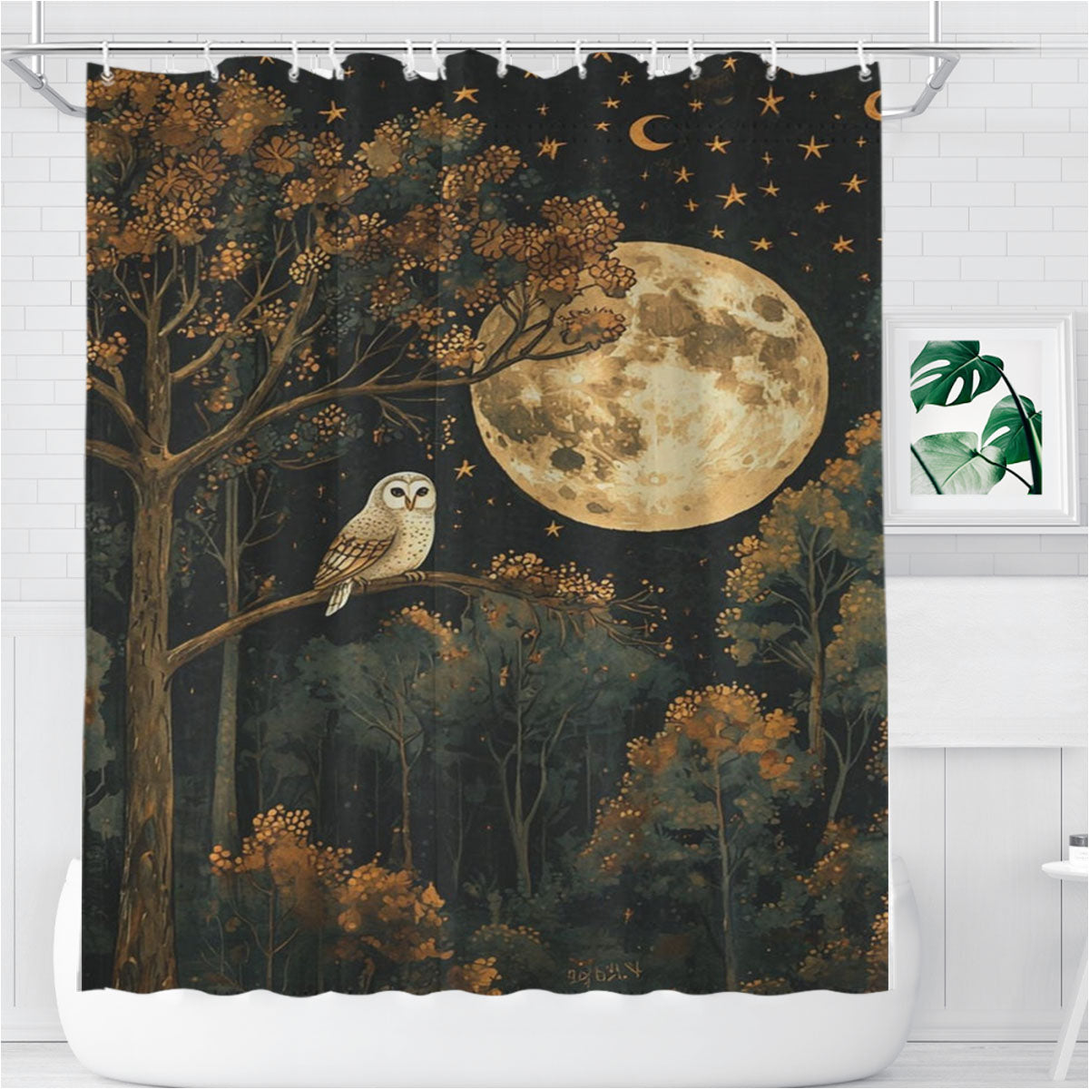 Moody Full Moon Night Owl Bathroom Shower Curtain Fabric Waterproof | 66 X 72 Inch
