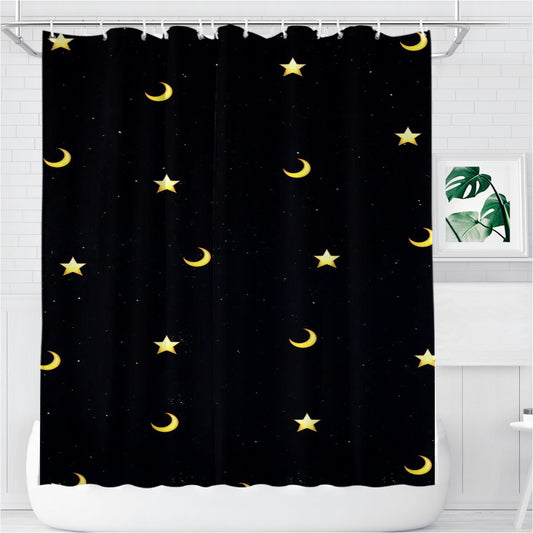 Moon And Star Pattern Bathroom Shower Curtain Fabric Waterproof | 66 X 72 Inch