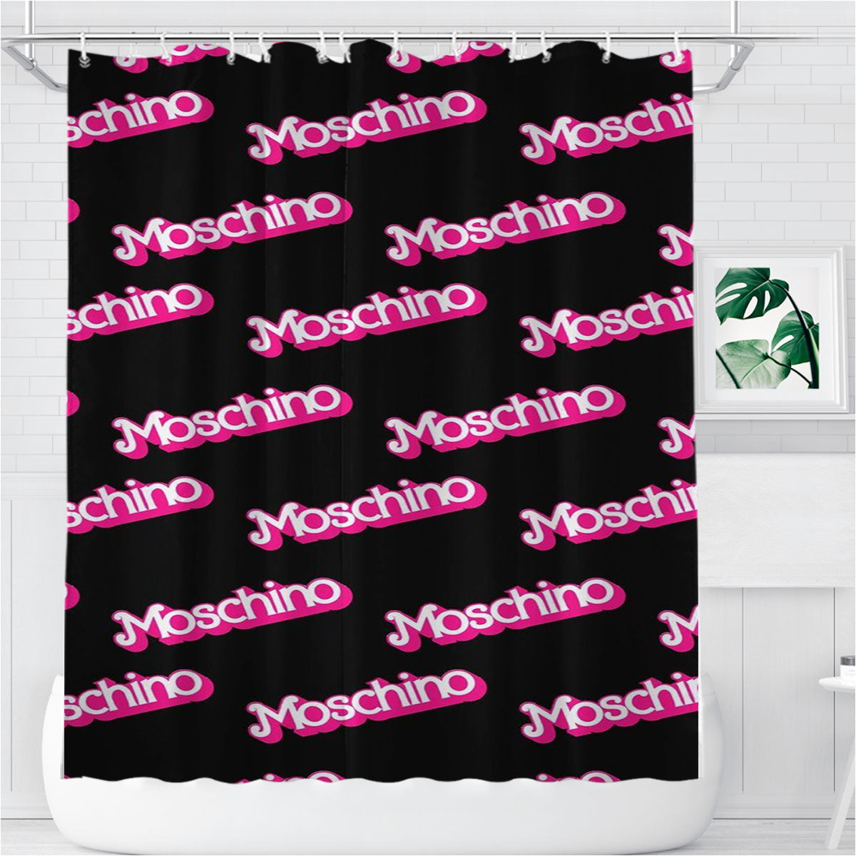 Moschino Pattern Pink In Black Bathroom Shower Curtain Fabric Waterproof | 66 X 72 Inch
