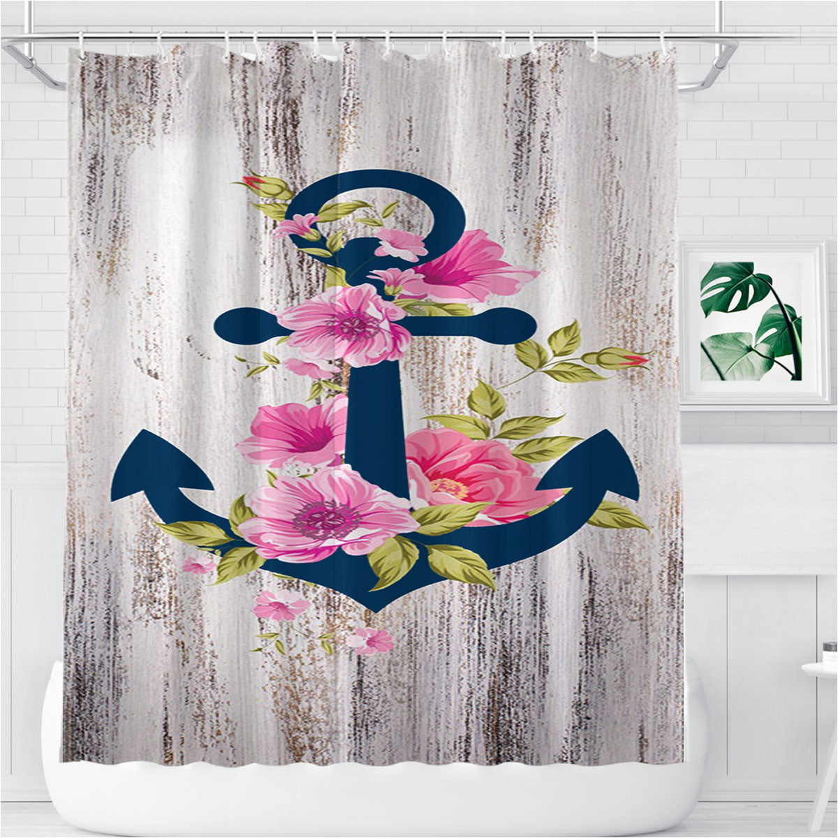 Navy Blue Anchor X Flowers X Wood Design Bathroom Shower Curtain Fabric Waterproof | 66 X 72 Inch