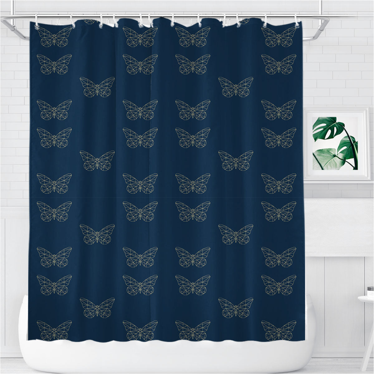 Navy Cream Geometric Butterfly Pattern Bathroom Shower Curtain Fabric Waterproof | 66 X 72 Inch