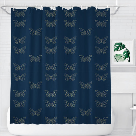 Personalized Navy Cream Geometric Butterfly Pattern Shower Curtain Farmhouse Bathroom Decor