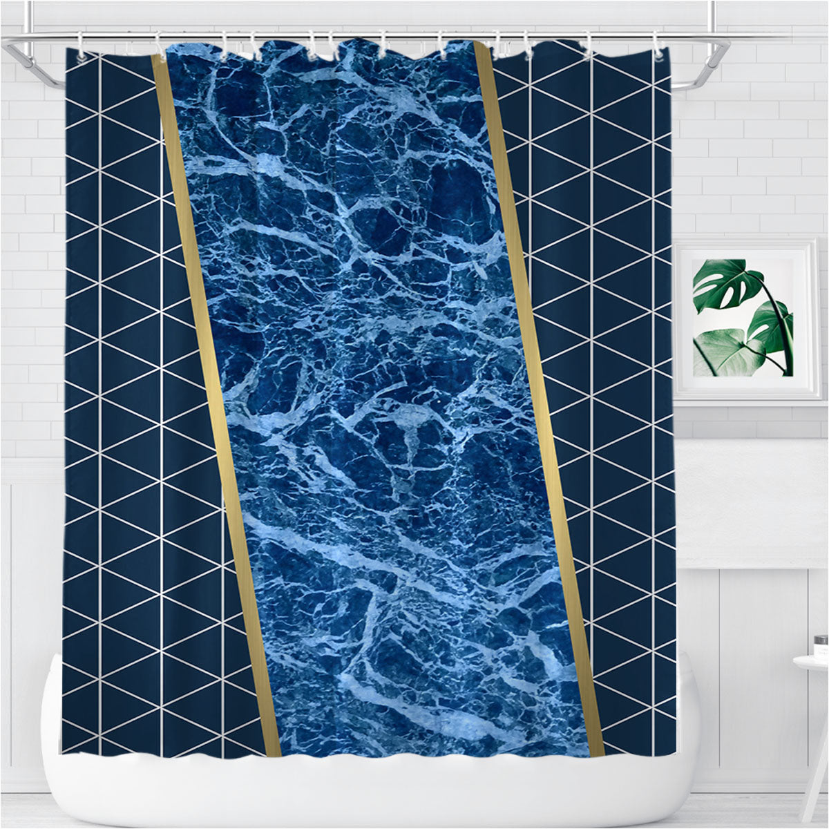 Navy White Marble Geometric Triangle And Gold Line Pattern Bathroom Shower Curtain Fabric Waterproof | 66 X 72 Inch