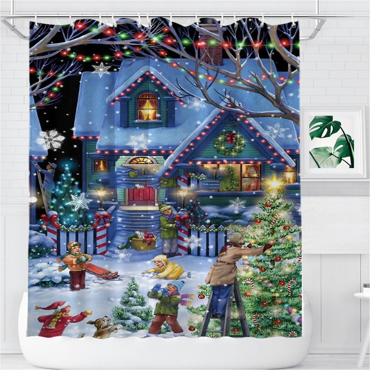 Neighborhood Christmas Decorating Bathroom Shower Curtain Fabric Waterproof | 66 X 72 Inch