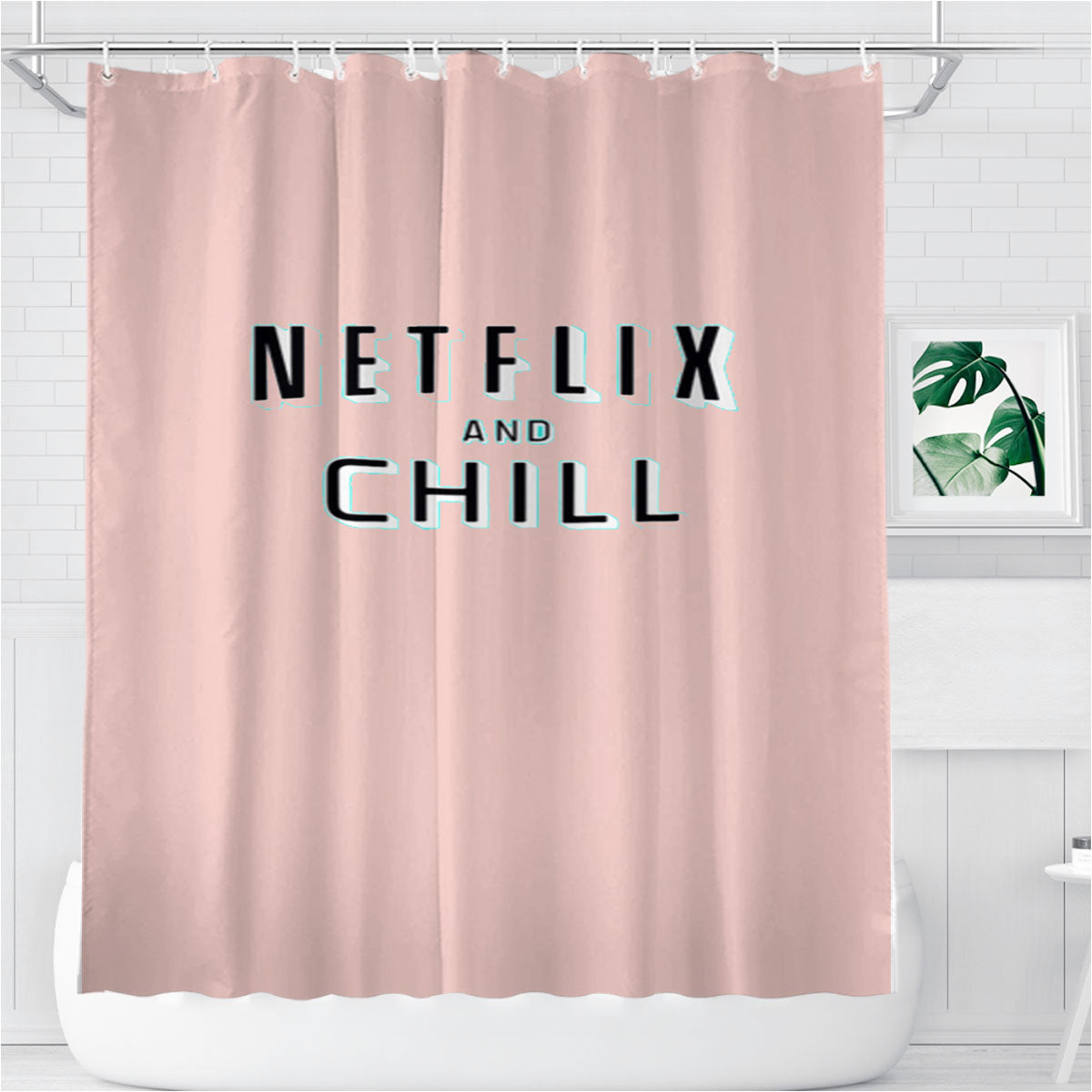 Netflix And Chill Pink Bathroom Shower Curtain Fabric Waterproof | 66 X 72 Inch