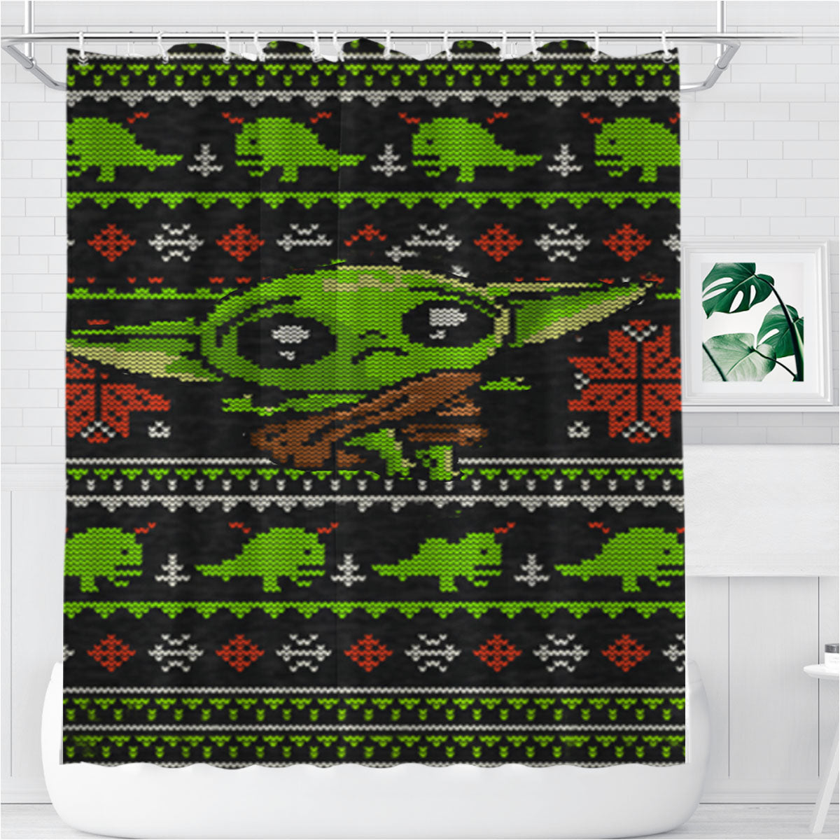 New Baby Yoda Stitch 8Bit Sweater Bathroom Shower Curtain Fabric Waterproof | 66 X 72 Inch