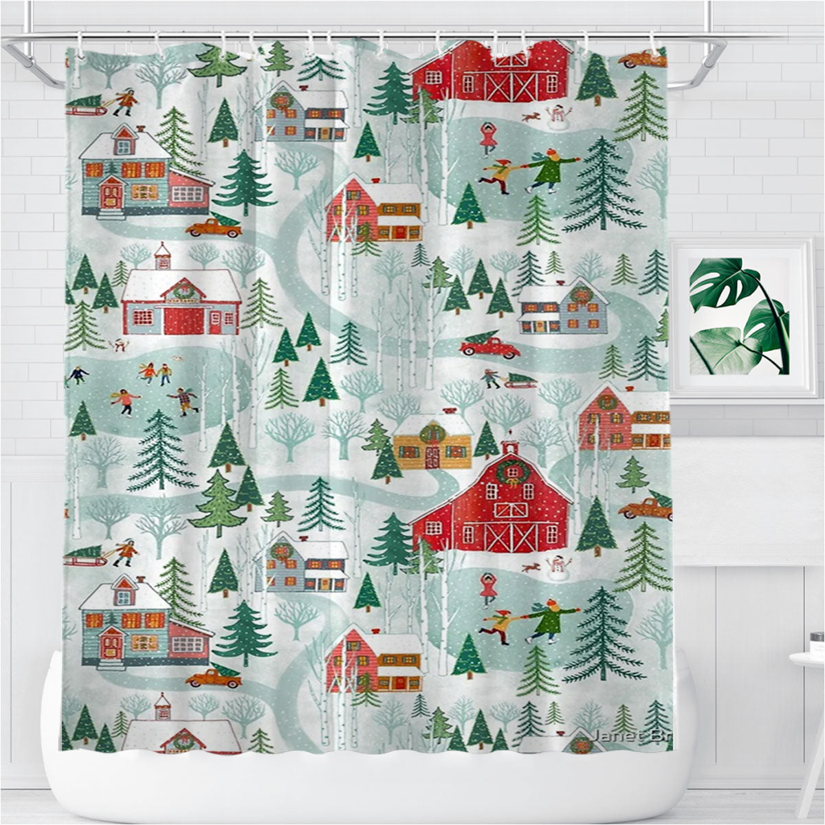 New England Christmas Bathroom Shower Curtain Fabric Waterproof | 66 X 72 Inch