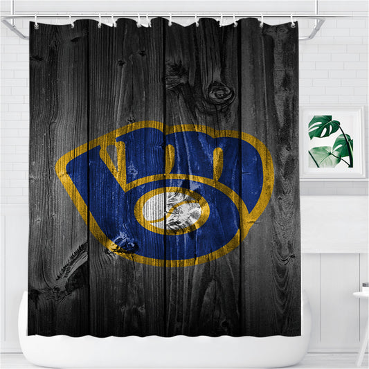 Personalized New Milwaukee Brewers Mlb Logo Dark Wood Wallpaper Shower Curtain Farmhouse Bathroom Decor