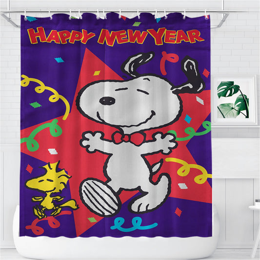 New Years Snoopy Bathroom Shower Curtain Fabric Waterproof
