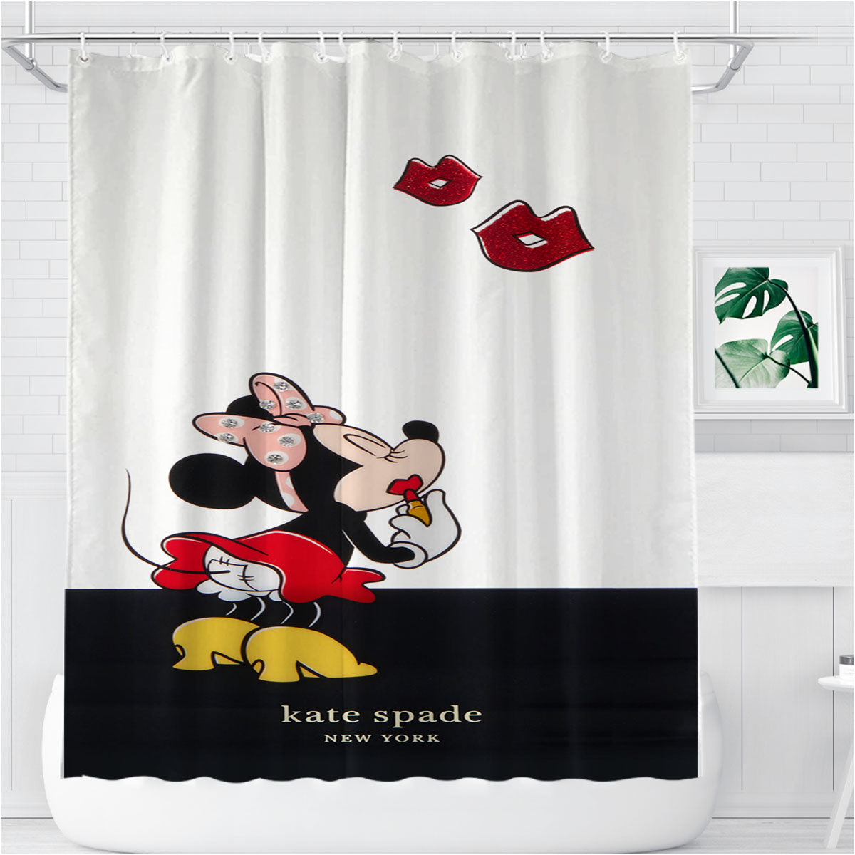 New York Kate Spade X Minnie Mouse Kiss Bathroom Shower Curtain Fabric Waterproof | 66 X 72 Inch