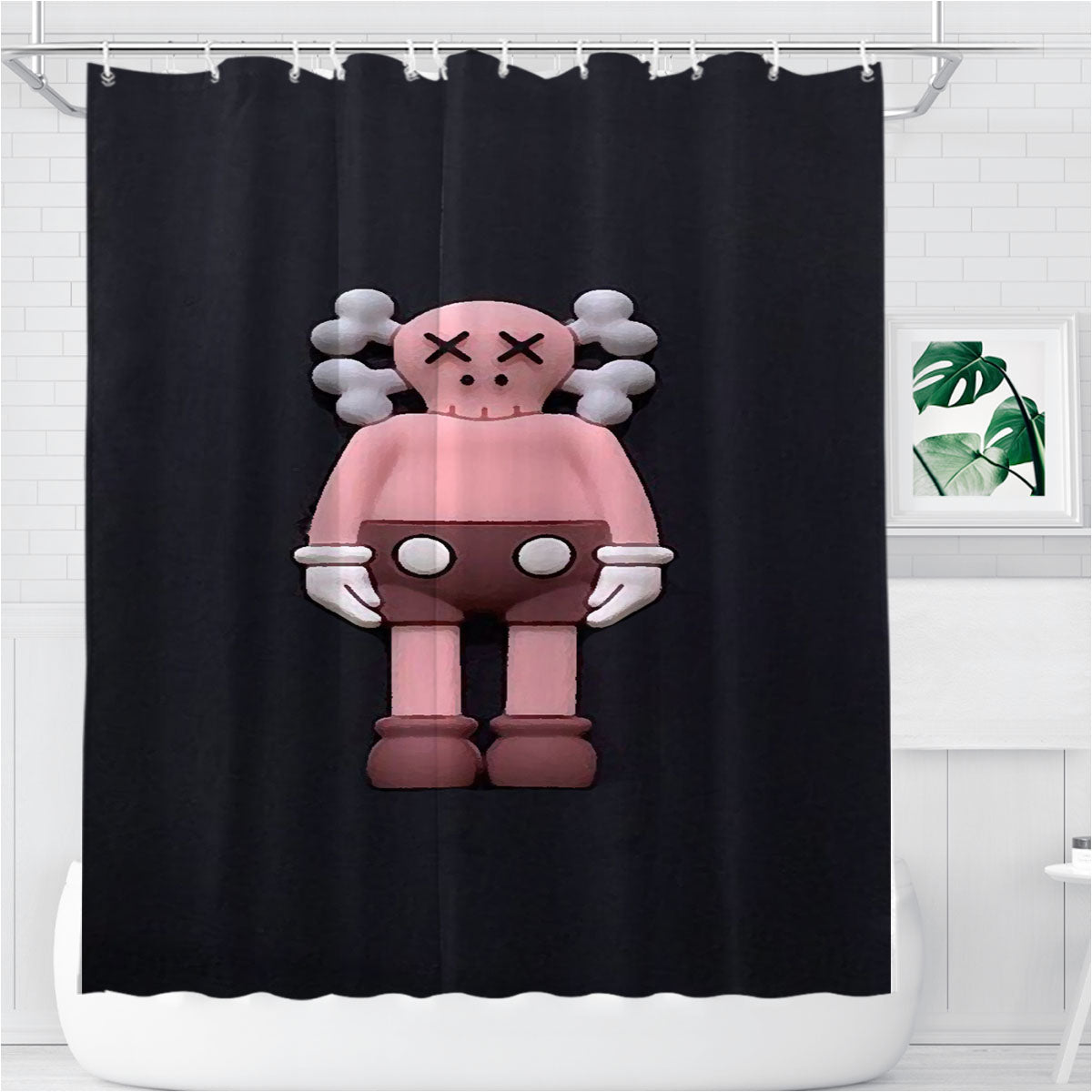 New York Kaws Pink On Black Bathroom Shower Curtain Fabric Waterproof | 66 X 72 Inch