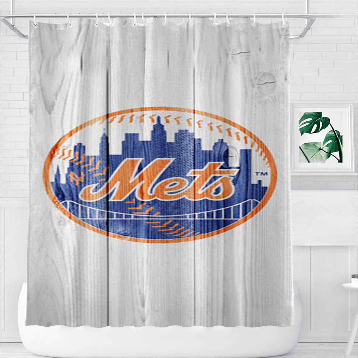 New York Mets White Wood Bathroom Shower Curtain Fabric Waterproof | 66 X 72 Inch
