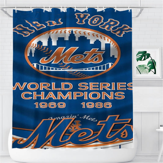 New York Mets World Series Bathroom Shower Curtain Fabric Waterproof | 66 X 72 Inch
