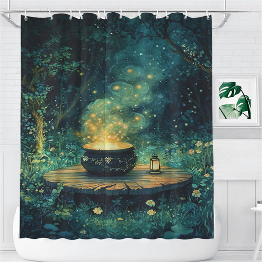 Night Forest Magic Cauldron Bathroom Shower Curtain Fabric Waterproof